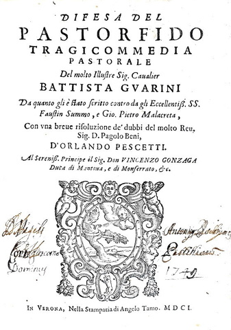 Orlando Pescetti - Difesa del Pastor fido tragicommedia - Verona 1601 (rara prima edizione) Orlando Pescetti - Difesa del Pastor fido tragicommedia - Verona 1601 (rara prima edizione)