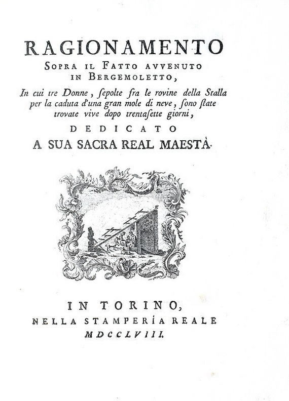 Salvataggio in montagna: Somis - Ragionamento sopra il fatto avvenuto in Bergemoletto - 1758 (raro) Salvataggio in montagna: Somis - Ragionamento sopra il fatto avvenuto in Bergemoletto - 1758 (raro)
