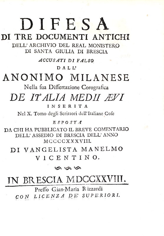 Controversie sulla storia bresciana: Beretta - In dissertationem Italiae medii Aevi censuarae - 1728 Controversie sulla storia bresciana: Beretta - In dissertationem Italiae medii Aevi censuarae - 1728