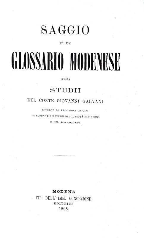 Giovanni Galvani - Saggio di un glossario modenese - Modena 1868 (prima edizione) Giovanni Galvani - Saggio di un glossario modenese - Modena 1868 (prima edizione)