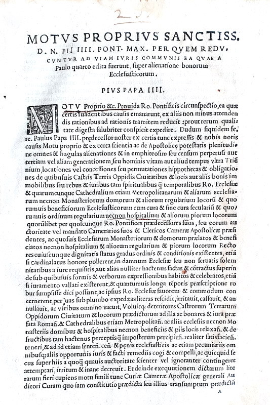Moto proprio di Pio IV che disciplina le alienazioni dei beni ecclesiastici - Roma, Blado 1560 Moto proprio di Pio IV che disciplina le alienazioni dei beni ecclesiastici - Roma, Blado 1560