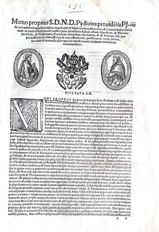 Moto proprio di Pio IV sulle cause fiscali e criminali - Roma, Blado 1565 Moto proprio di Pio IV sulle cause fiscali e criminali - Roma, Blado 1565