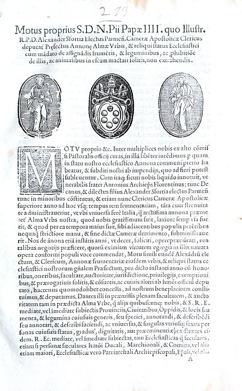Moto proprio Pio IV che disciplina il piccolo commercio a Roma - Blado 1562 Moto proprio Pio IV che disciplina il piccolo commercio a Roma - Blado 1562