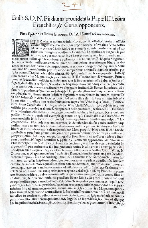 Bolla di Pio IV che disciplina franchigie e malefici - Roma, Blado 1562 Bolla di Pio IV che disciplina franchigie e malefici - Roma, Blado 1562