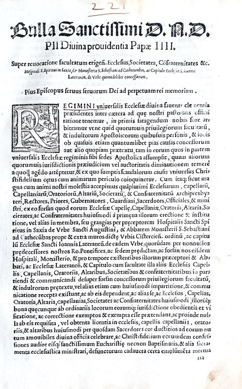 Bolla pontificia di Pio IV che disciplina alcune chiese di Roma - Blado 1562 Bolla pontificia di Pio IV che disciplina alcune chiese di Roma - Blado 1562
