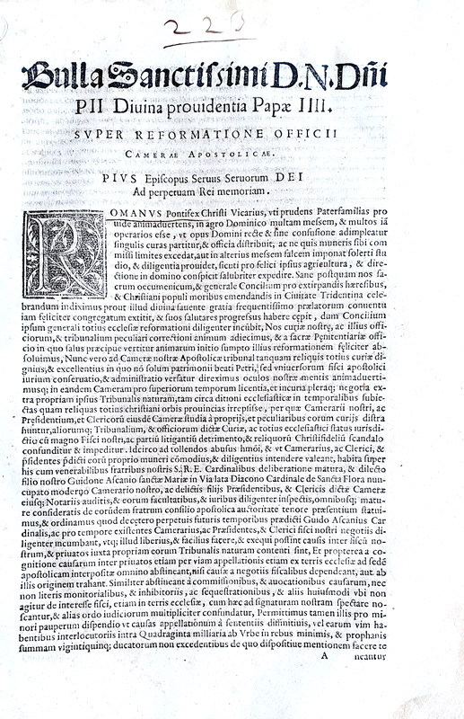 Bolla di papa Pio IV sulla Camera Apostolica - Roma, Blado 1562 Bolla di papa Pio IV sulla Camera Apostolica - Roma, Blado 1562