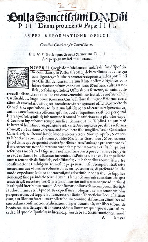 Bolla di papa Pio IV sulla Cancelleria Apostolica - Roma, Blado 1562 Bolla di papa Pio IV sulla Cancelleria Apostolica - Roma, Blado 1562