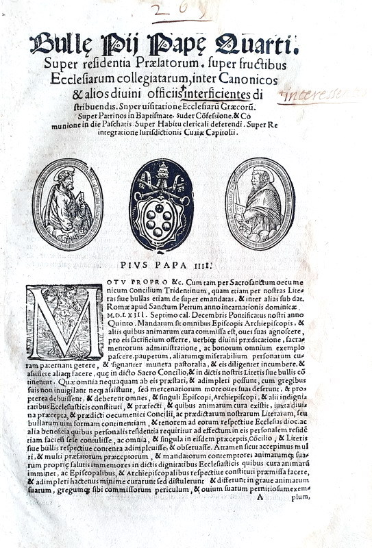 Bolla di Pio IV che disciplina i sacramenti e le competenze clericali - Roma, Blado 1562 Bolla di Pio IV che disciplina i sacramenti e le competenze clericali - Roma, Blado 1562
