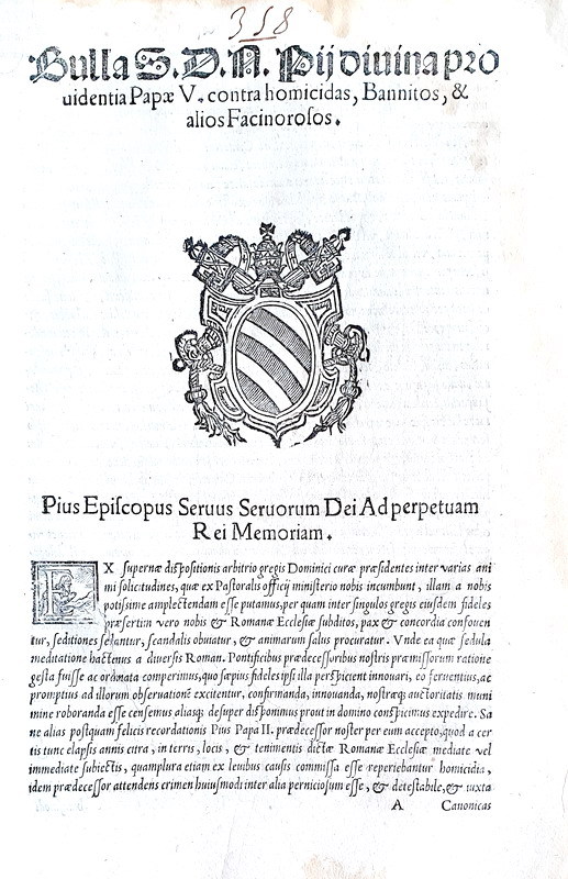 Bolla di Pio V sugli assassini e i rivoltosi - Roma, Blado 1566 Bolla di Pio V sugli assassini e i rivoltosi - Roma, Blado 1566