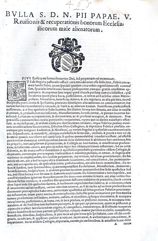 Bolla di Pio V sulla gestione della Fabbrica di San Pietro - Roma, Blado 1571 Bolla di Pio V sulla gestione della Fabbrica di San Pietro - Roma, Blado 1571