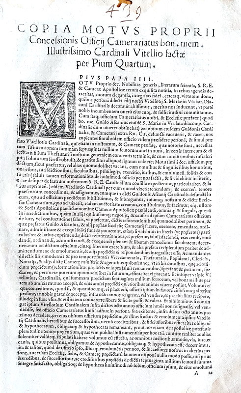Moto proprio Pio IV di conferimento dell'ufficio di camerariato al cardinale Vitelli - Blado 1566 Moto proprio Pio IV di conferimento dell'ufficio di camerariato al cardinale Vitelli - Blado 1566