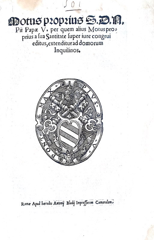 Moto proprio di Pio V che disciplina l'edilizia a Roma - Blado 1571 Moto proprio di Pio V che disciplina l'edilizia a Roma - Blado 1571