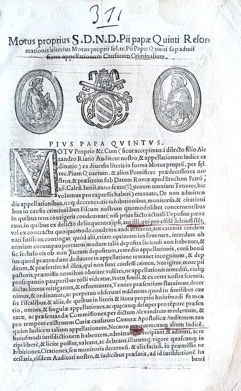 Moto proprio di Pio V che disciplina il ricorso nelle cause criminali - Roma, Blado 1566 Moto proprio di Pio V che disciplina il ricorso nelle cause criminali - Roma, Blado 1566