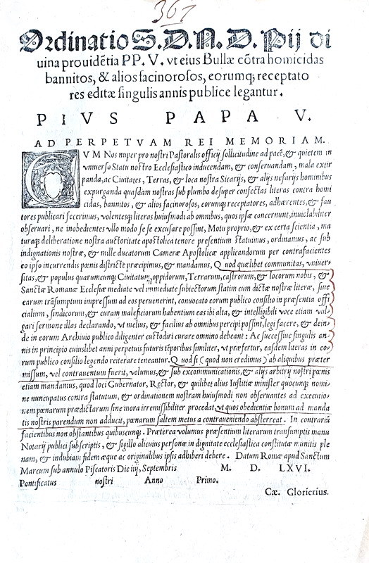 Ordinanza di Pio V contro assassini e facinorosi - Roma, Blado 1566 Ordinanza di Pio V contro assassini e facinorosi - Roma, Blado 1566