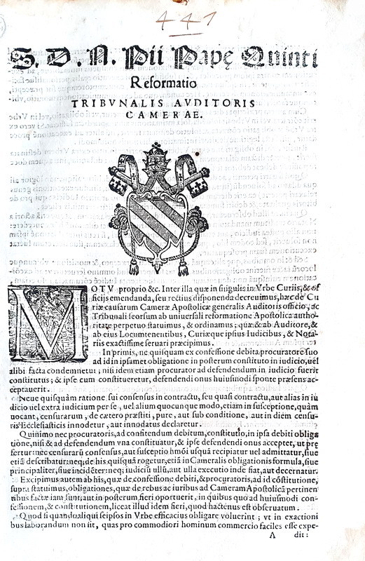 Bolla di Pio V sulla riforma della Camera Apostolica - Roma, Blado 1570 Bolla di Pio V sulla riforma della Camera Apostolica - Roma, Blado 1570