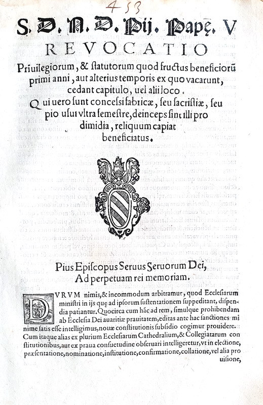 Bolla di Pio V che limita privilegi e benefici ecclesiastici - Roma, Blado 1570 Bolla di Pio V che limita privilegi e benefici ecclesiastici - Roma, Blado 1570