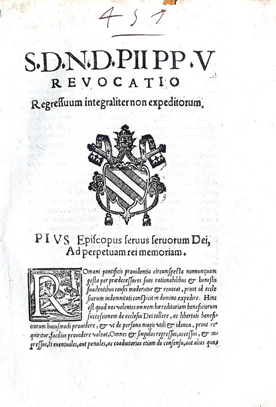 Bolla di Pio V che disciplina il diritto di regresso - Roma, Blado 1571 Bolla di Pio V che disciplina il diritto di regresso - Roma, Blado 1571