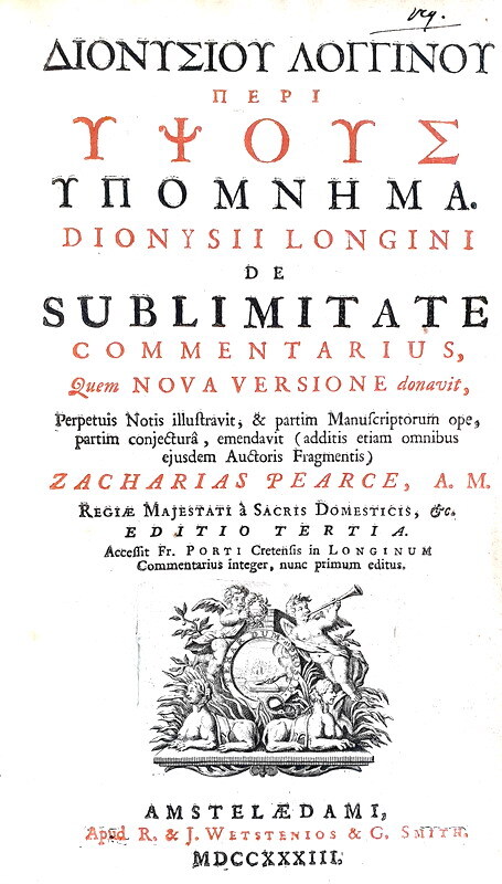 L'estetica nell'antichit� classica: Cassius Longinus - De sublimitate - 1733 (legatura alle armi)