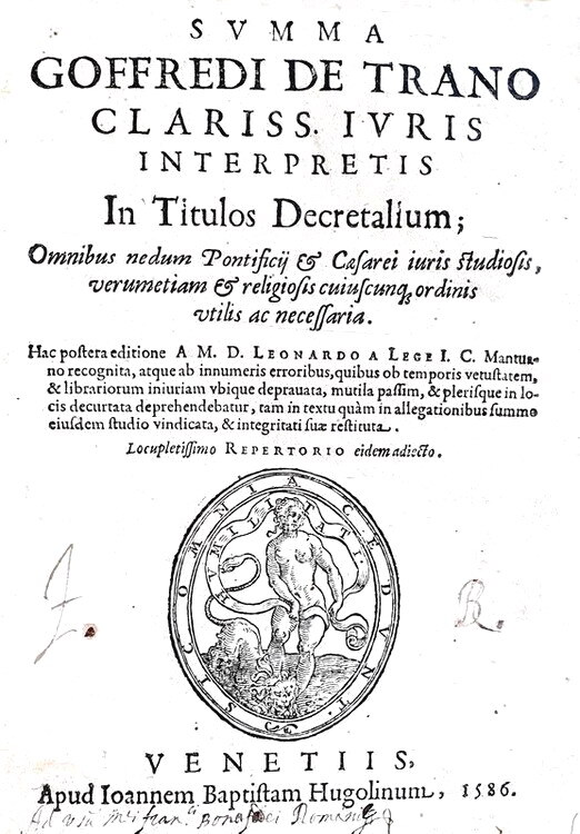 La celebre Summa Goffredi: Goffredo da Trani - Summa in titulos Decretalium - Venetiis 1586 (raro)