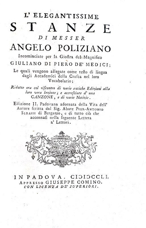 Angelo Poliziano - L'elegantissime stanze & La favola di Orfeo - Padova, Giuseppe Comino 1749/51 Angelo Poliziano - L'elegantissime stanze & La favola di Orfeo - Padova, Giuseppe Comino 1749/51