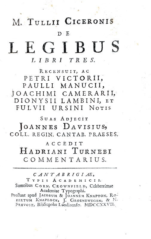 Cicerone - De legibus libri tres - Cambridge 1727 (bellissima legatura coeva) Cicerone - De legibus libri tres - Cambridge 1727 (bellissima legatura coeva)