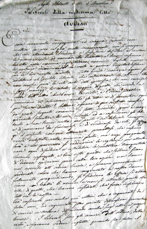 Avviso dei liberali agli abitanti di Ancona e Forlì (1832) Avviso dei liberali agli abitanti di Ancona e Forlì (1832)